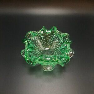 Murano Green Art Glass Bowl Ashtray Scalloped Edge Bubble Design Vintage MCM